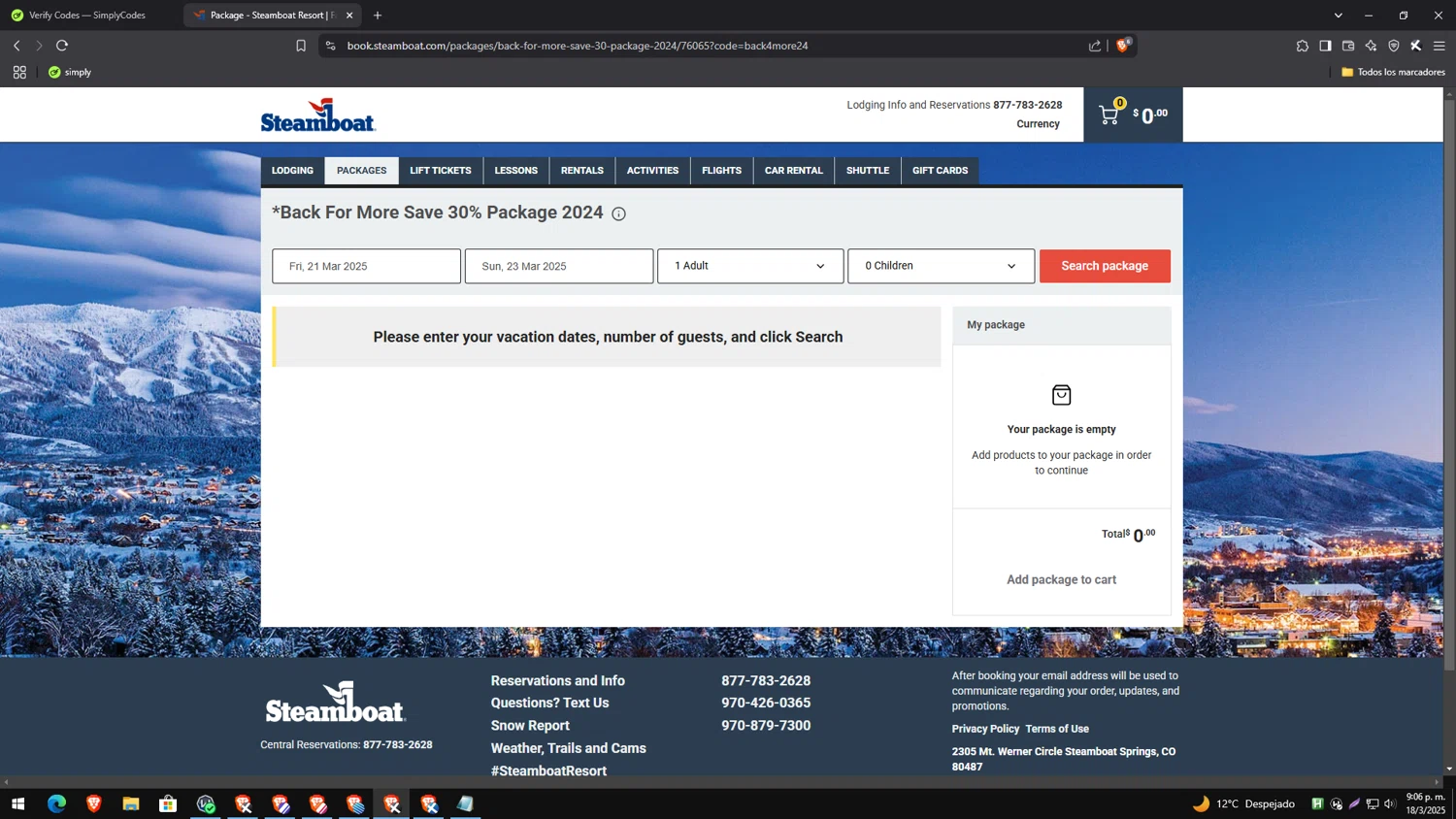 Steamboat Resort checkout page showing Steamboat Resort promo code box | Screenshot taken by SimplyCodes community member on Mar 19, 2025