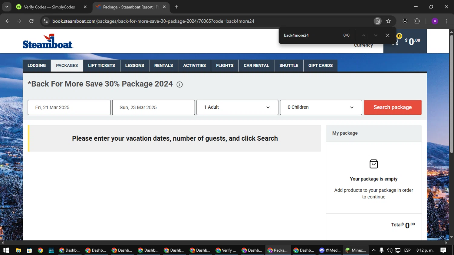Steamboat Resort checkout page showing Steamboat Resort promo code box | Screenshot taken by SimplyCodes community member on Mar 19, 2025