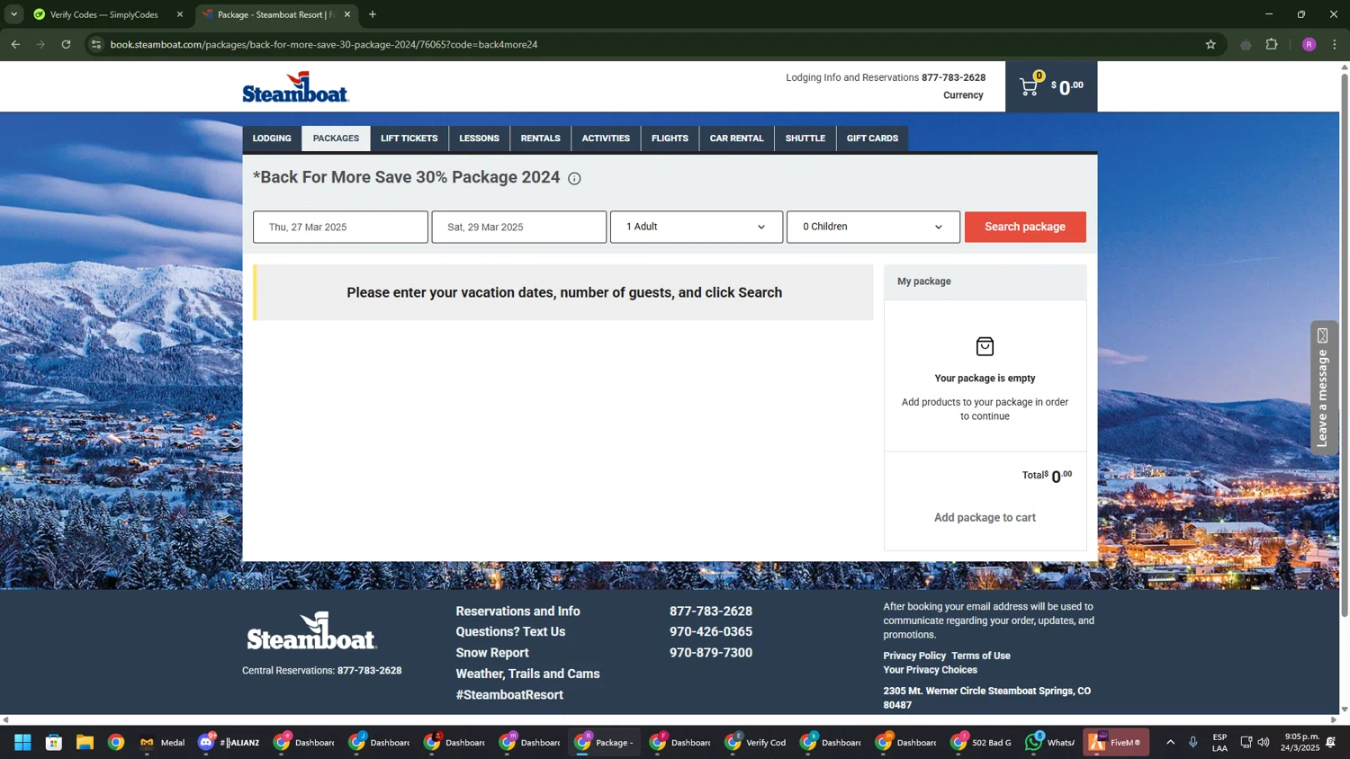 Steamboat Resort checkout page showing Steamboat Resort promo code box | Screenshot taken by SimplyCodes community member on Mar 25, 2025