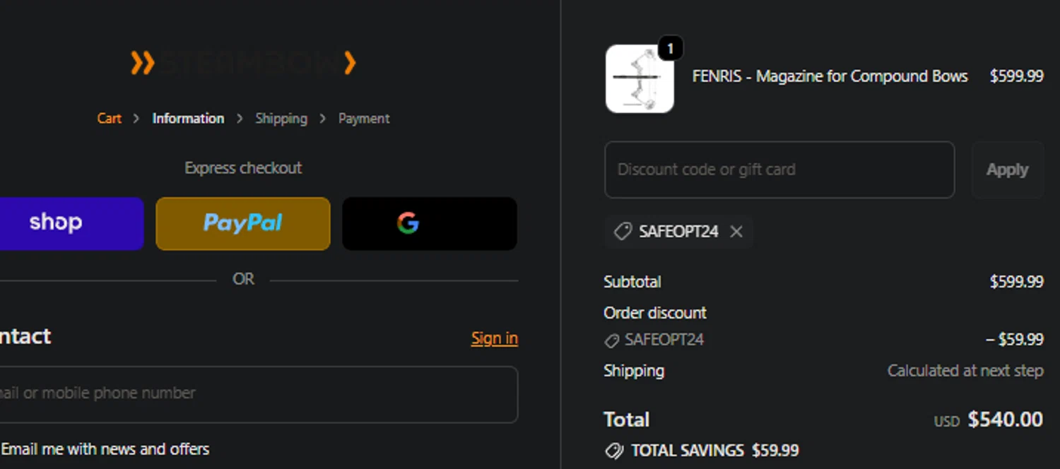 Steambow discount code screenshot showing code SAFEOPT24 applied at Steambow checkout page. Uploaded by SimplyCodes community member idkxxx on Nov 20, 2025