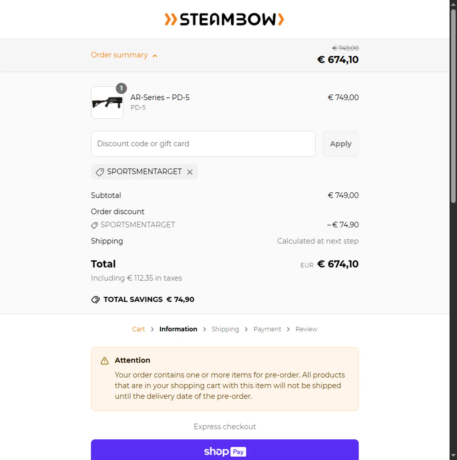 Steambow discount code screenshot showing code SPORTSMENTARGET applied at Steambow checkout page. Uploaded by SimplyCodes community member Sadalsuud on Jun 22, 2025