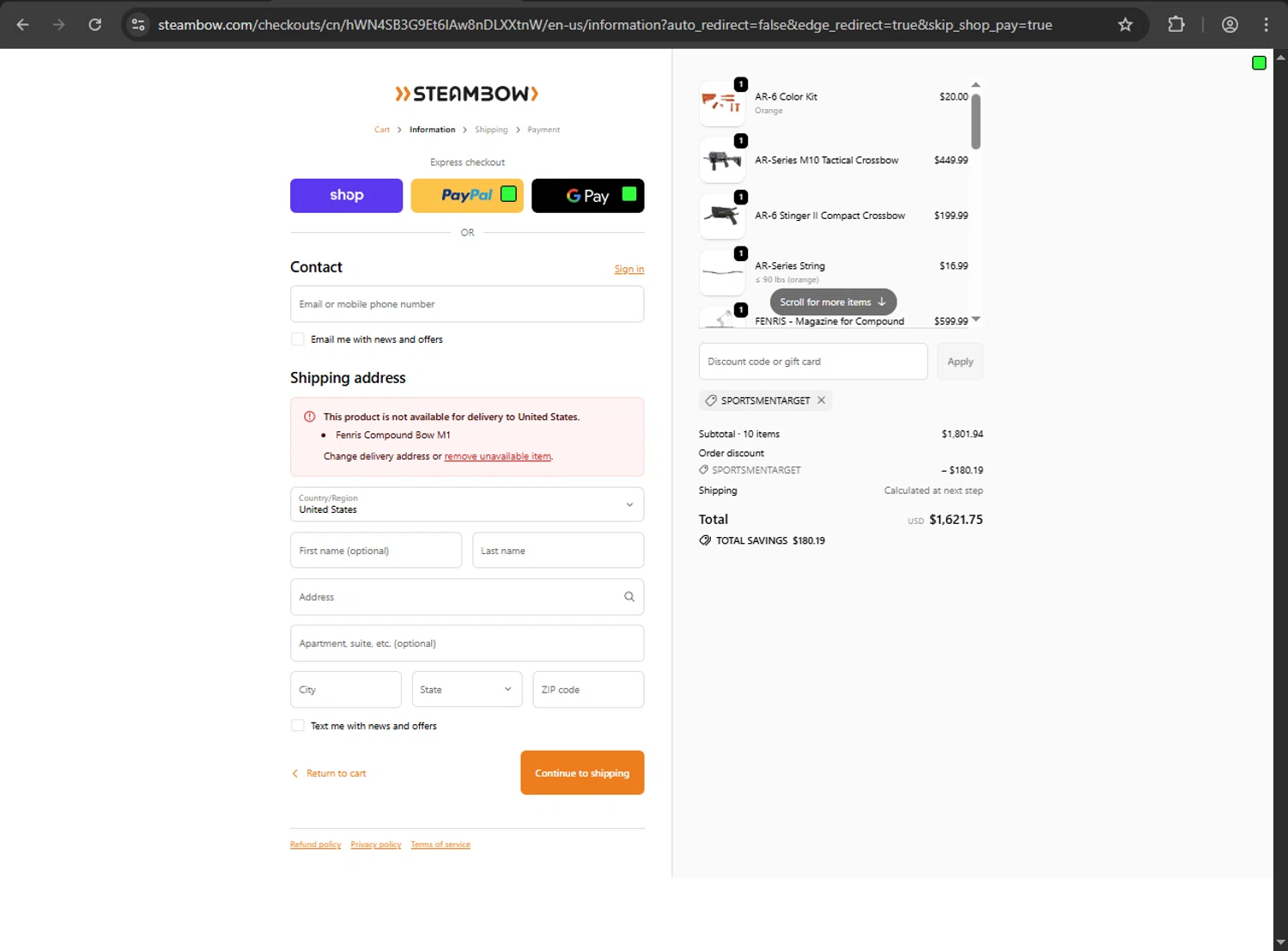 Steambow discount code screenshot showing code SPORTSMENTARGET applied at Steambow checkout page. Uploaded by SimplyCodes community member luffyreturn on Oct 23, 2025