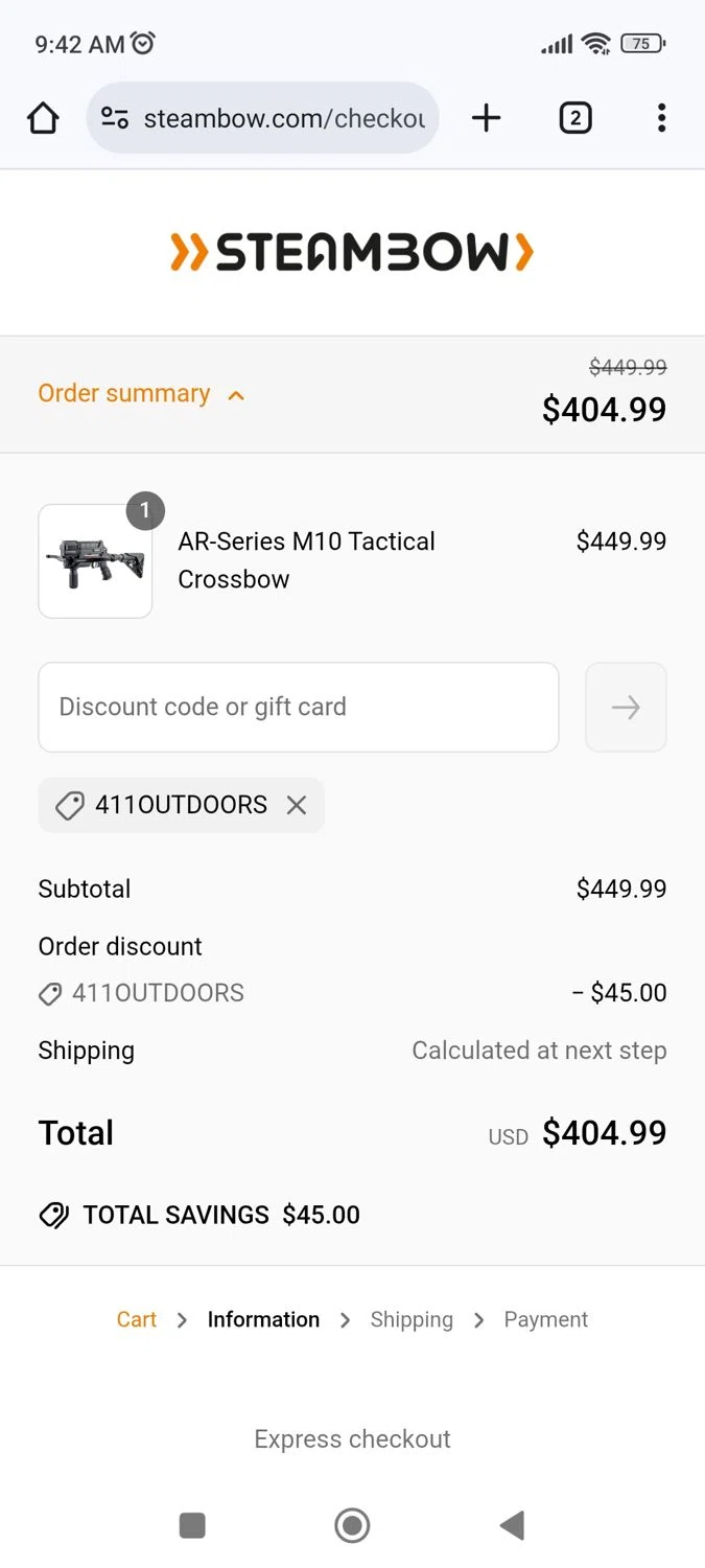Steambow discount code screenshot showing code 411OUTDOORS applied at Steambow checkout page. Uploaded by SimplyCodes community member Richard251 on Jun 12, 2025