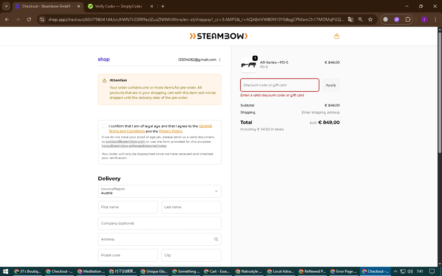 Steambow discount code screenshot showing code MESSE1 applied at Steambow checkout page. Uploaded by SimplyCodes community member ChinoYugi on Jan 18, 2026