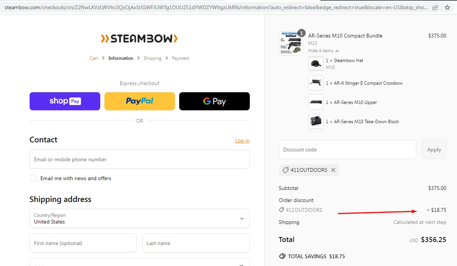 Steambow discount code screenshot showing code 411OUTDOORS applied at Steambow checkout page. Uploaded by SimplyCodes community member EMILIANOMASABE on Apr 10, 2025
