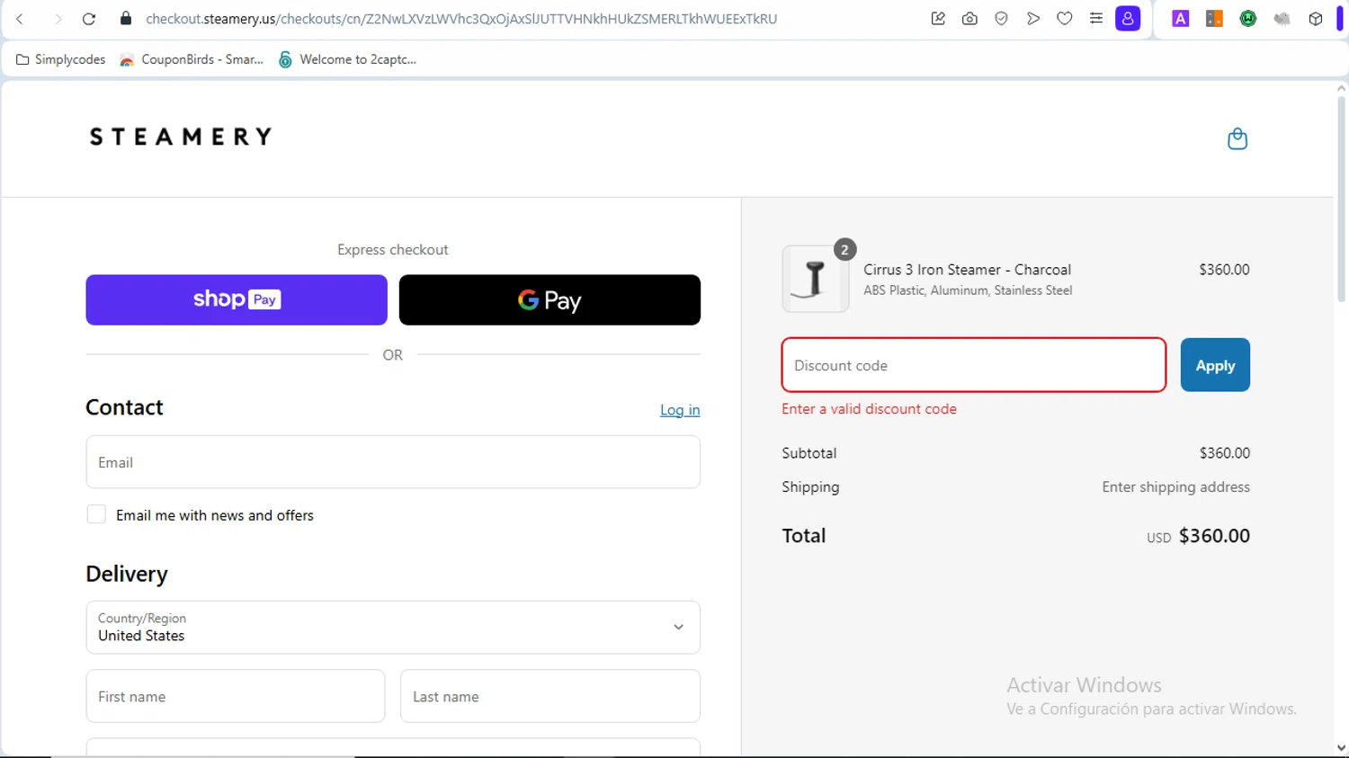 Steamery US promo code screenshot showing code STEAMERY10 applied at Steamery US checkout page. Uploaded by SimplyCodes community member PrincessCoupon on Apr 14, 2025