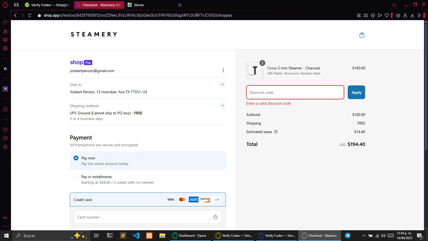Steamery US promo code screenshot showing code STEAMERY10 applied at Steamery US checkout page. Uploaded by SimplyCodes community member andaacagarpobre on Apr 14, 2025