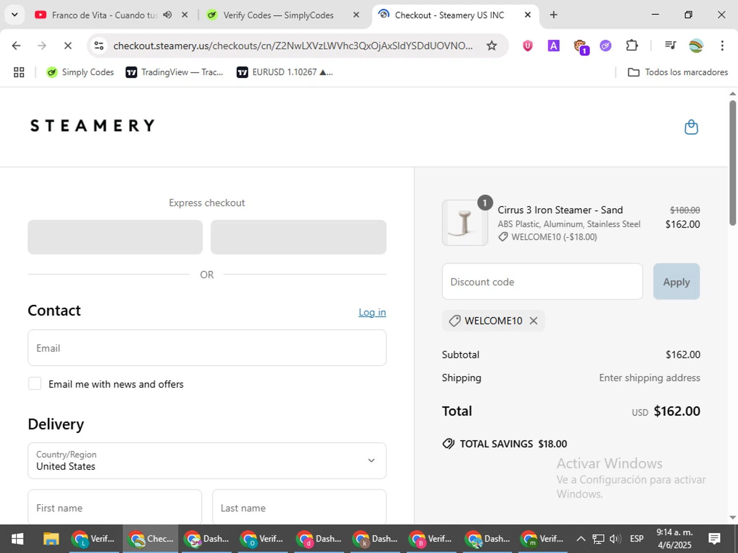 Steamery US promo code screenshot showing code WELCOME10 applied at Steamery US checkout page. Uploaded by SimplyCodes community member CoinMaven5220 on Jun 4, 2025