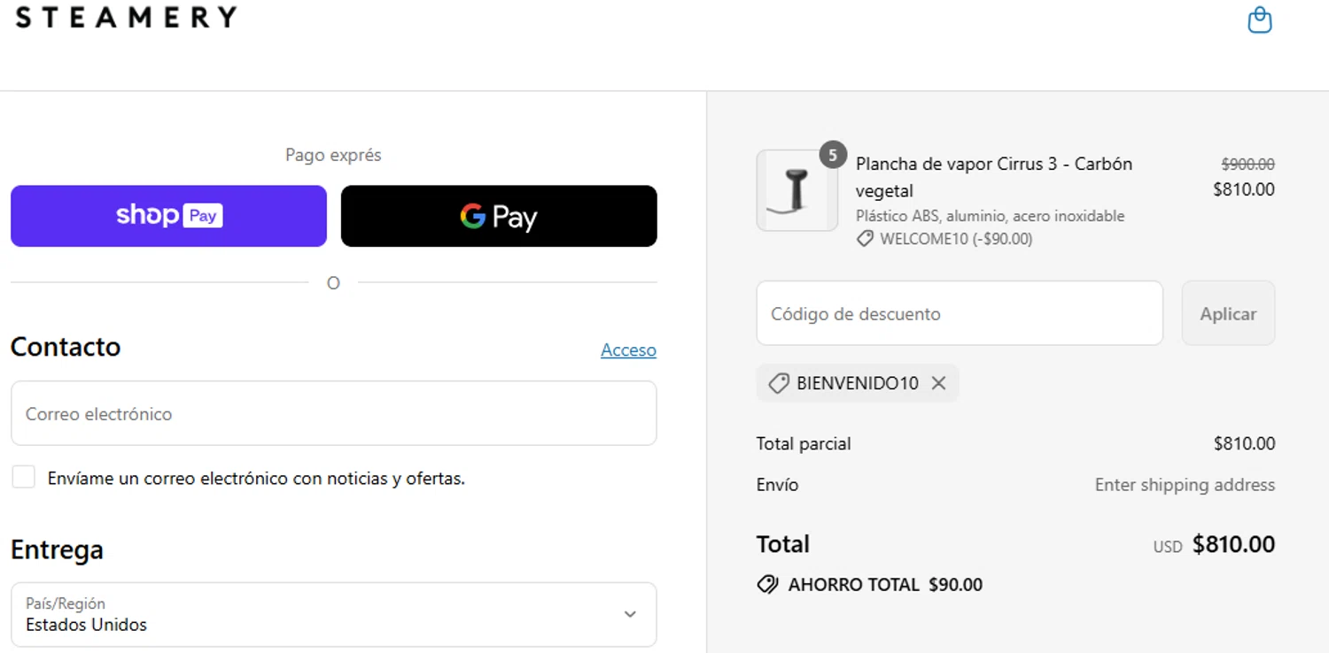 Steamery US promo code screenshot showing code WELCOME10 applied at Steamery US checkout page. Uploaded by SimplyCodes community member Eliaslpz on Aug 1, 2025