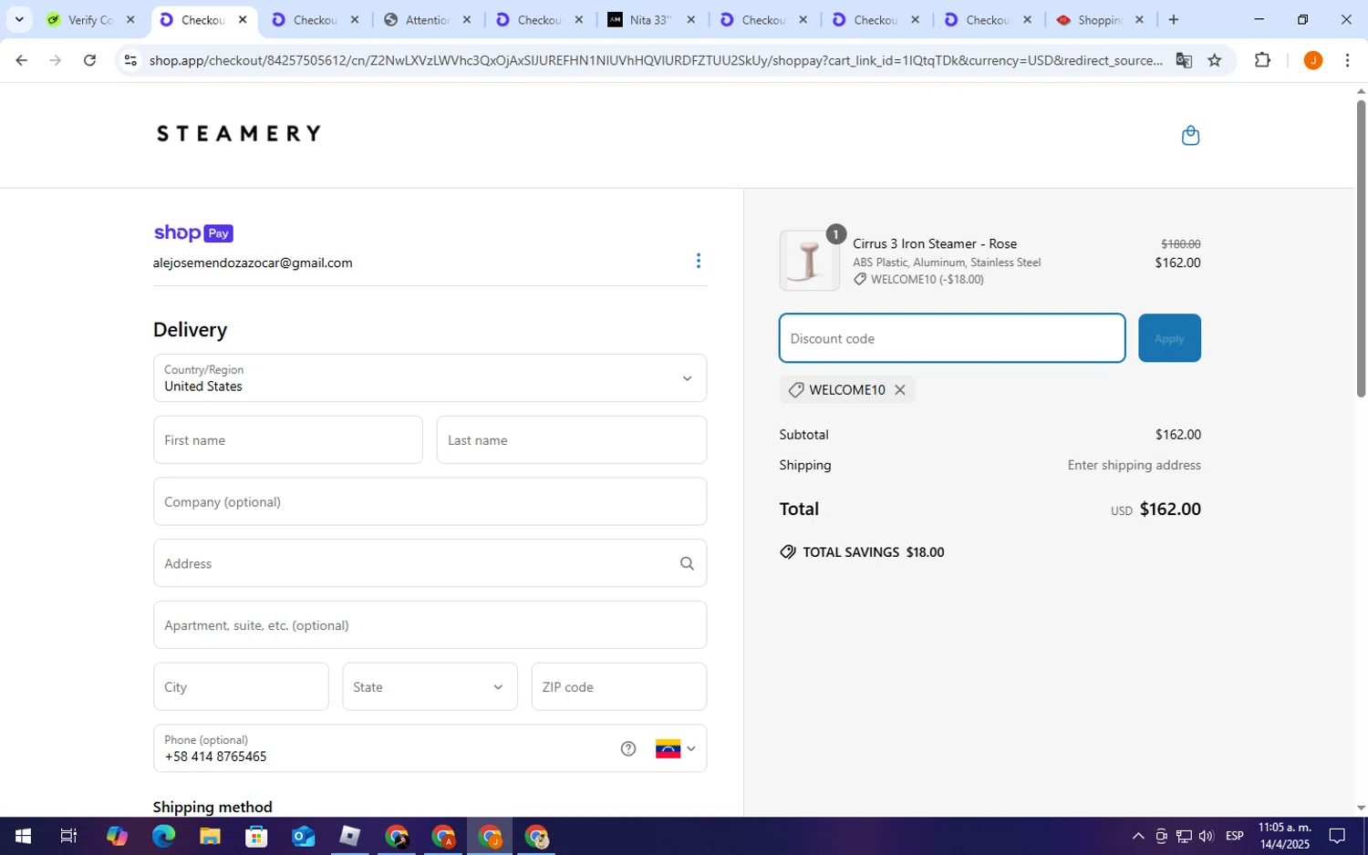 Steamery US promo code screenshot showing code WELCOME10 applied at Steamery US checkout page. Uploaded by SimplyCodes community member TheCreature on Apr 14, 2025