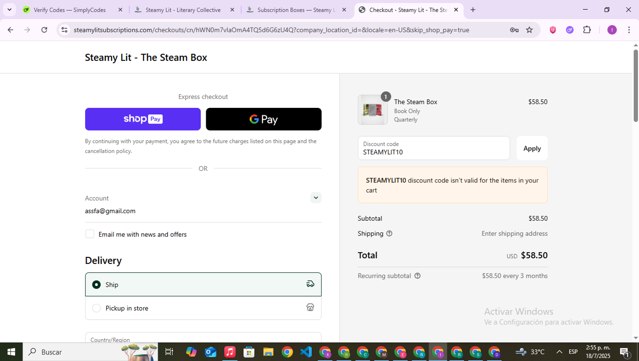 Steamy Lit checkout page showing Steamy Lit discount code box | Screenshot taken by SimplyCodes community member on Jul 18, 2025