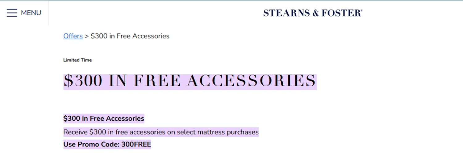 Stearns & Foster promo code screenshot showing code 300FREE applied at Stearns & Foster checkout page. Uploaded by SimplyCodes community member PaulSkenes on Jun 11, 2026