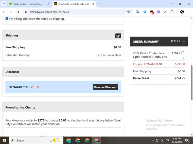 Steel City Collectibles checkout page showing Steel City Collectibles coupon code box | Screenshot taken by SimplyCodes community member on Aug 19, 2025