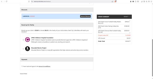 Steel City Collectibles checkout page showing Steel City Collectibles coupon code box | Screenshot taken by SimplyCodes community member on Aug 29, 2025