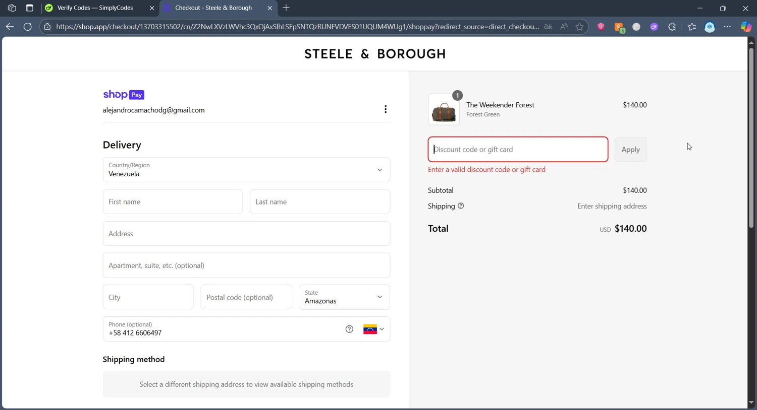 Steele & Borough promo code screenshot showing code NEWCLASSIC applied at Steele & Borough checkout page. Uploaded by SimplyCodes community member cesar26 on Jun 13, 2025