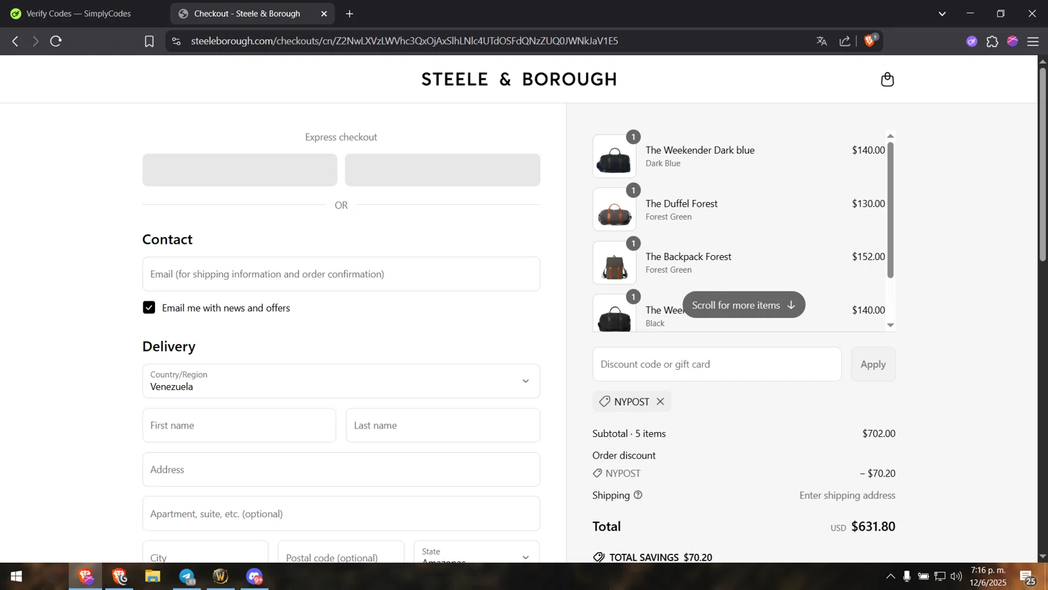 Steele & Borough promo code screenshot showing code NYPOST applied at Steele & Borough checkout page. Uploaded by SimplyCodes community member Henyo36 on Jun 12, 2025