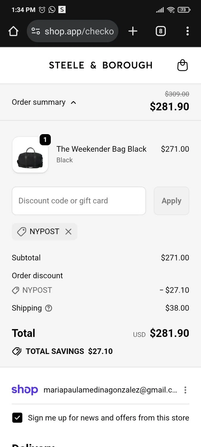 Steele & Borough promo code screenshot showing code NYPOST applied at Steele & Borough checkout page. Uploaded by SimplyCodes community member PromoMaven605 on Sep 21, 2025
