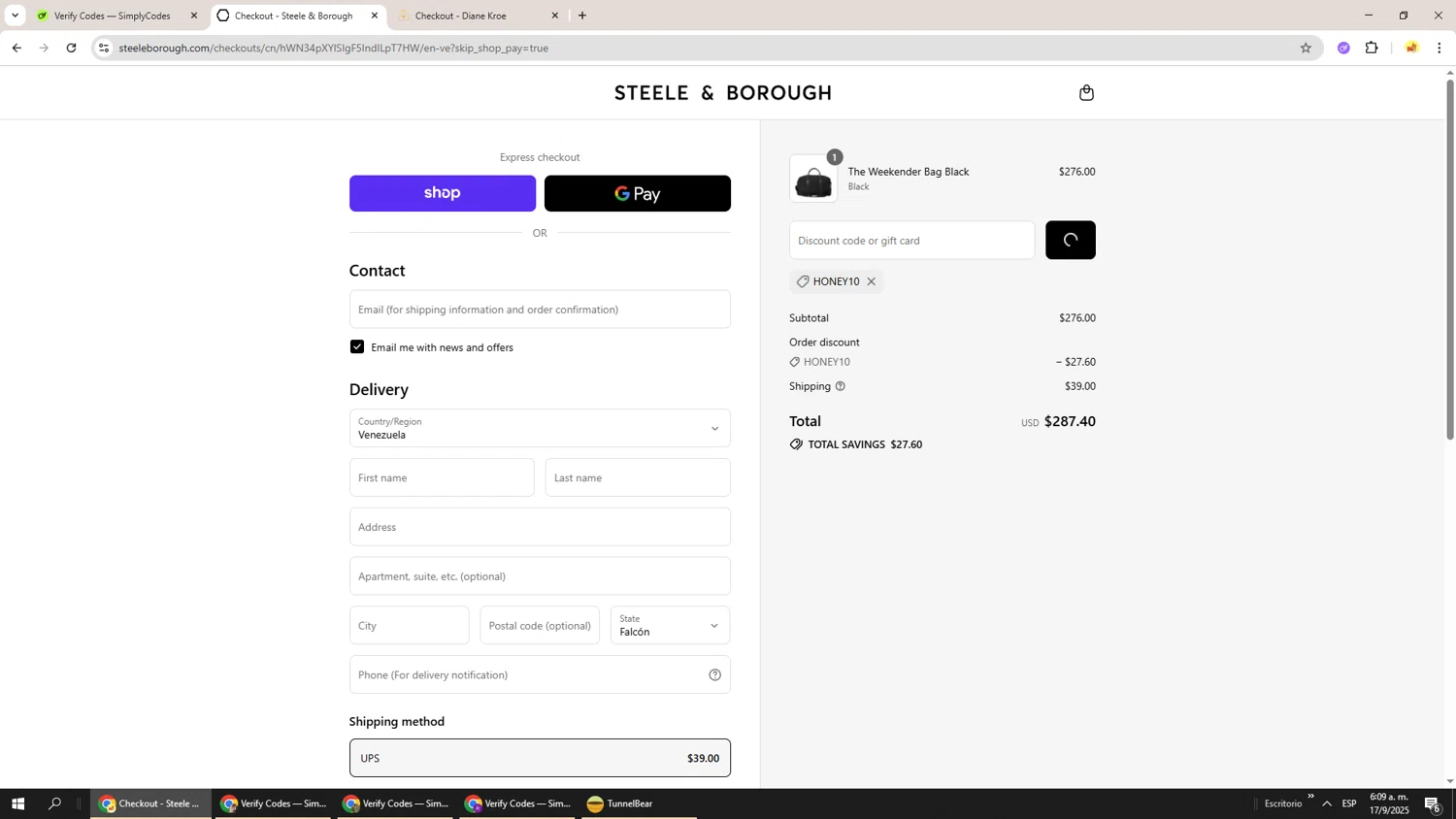 Steele & Borough promo code screenshot showing code HONEY10 applied at Steele & Borough checkout page. Uploaded by SimplyCodes community member Richard251 on Sep 17, 2025