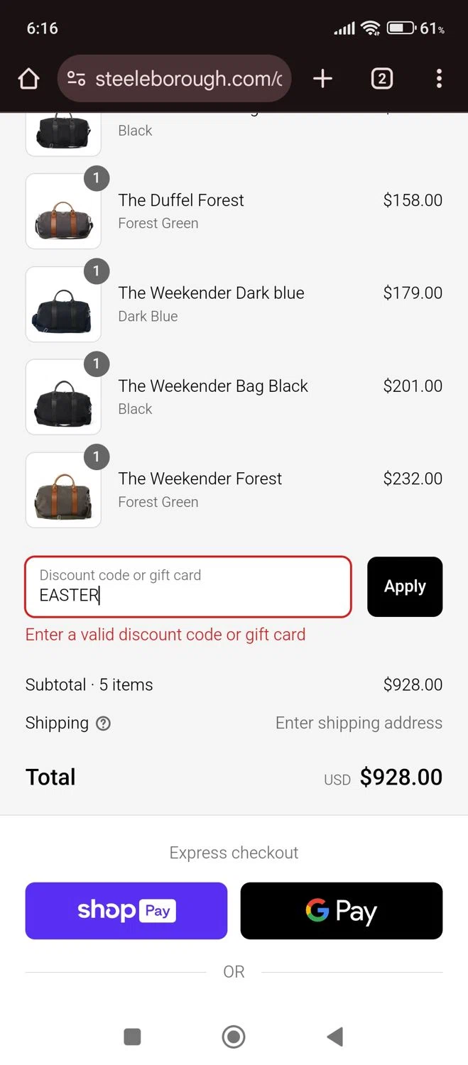 Steele & Borough promo code screenshot showing code EASTER applied at Steele & Borough checkout page. Uploaded by SimplyCodes community member carlacabrera1 on Apr 27, 2025