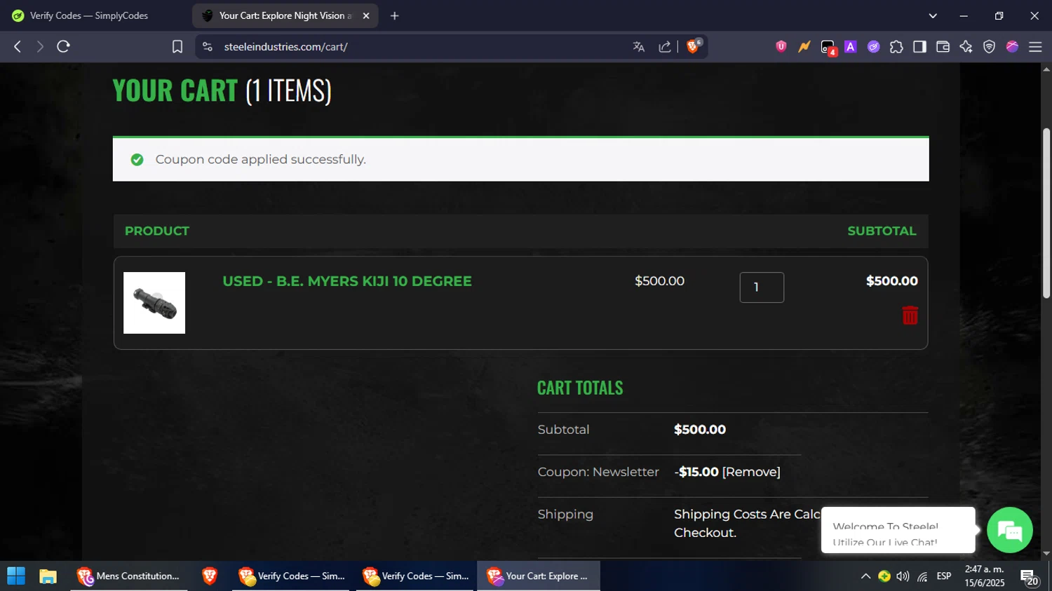 Steele Industries coupon code screenshot showing code NEWSLETTER applied at Steele Industries checkout page. Uploaded by SimplyCodes community member NobleFox488 on Jun 15, 2025
