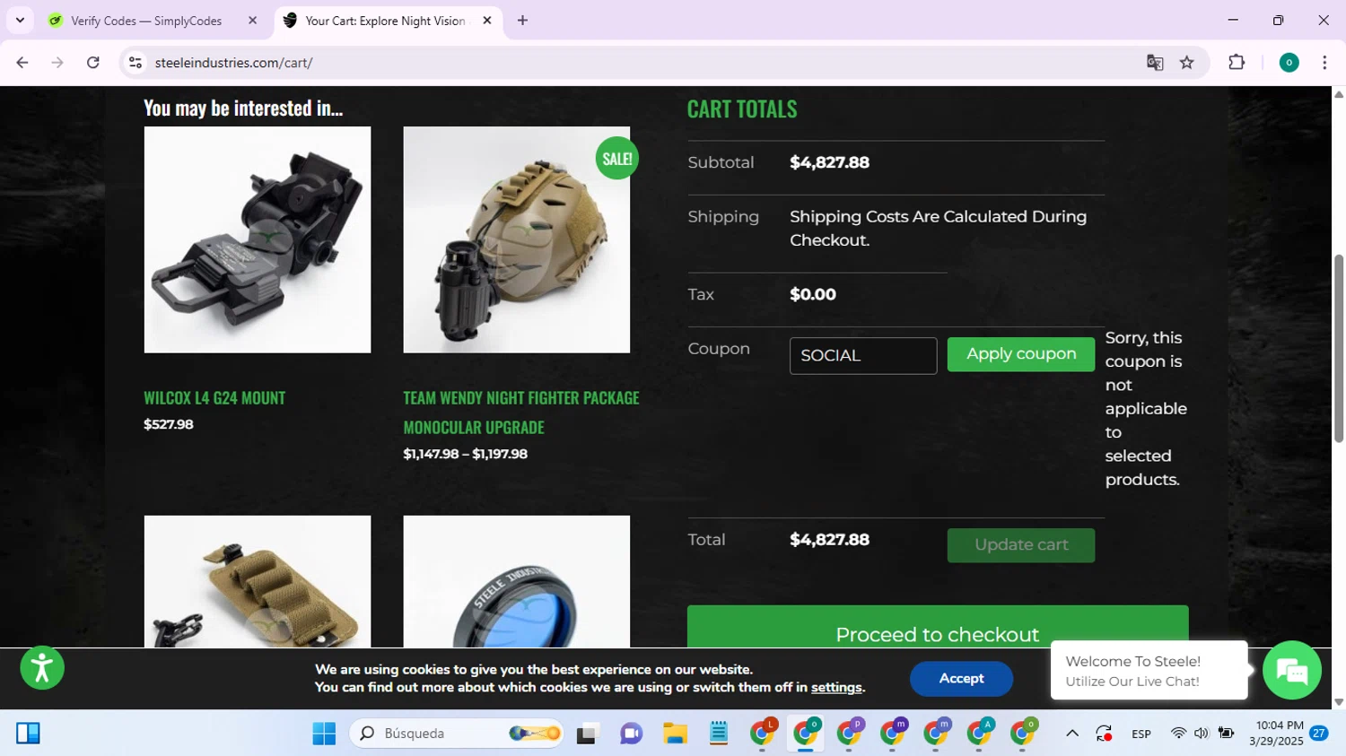 Steele Industries coupon code screenshot showing code SOCIAL applied at Steele Industries checkout page. Uploaded by SimplyCodes community member SavingsSaver1804 on Mar 30, 2025