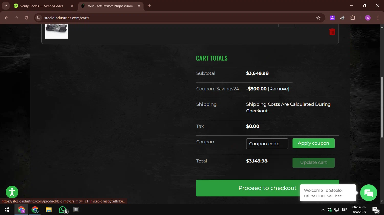 Steele Industries coupon code screenshot showing code SAVINGS24 applied at Steele Industries checkout page. Uploaded by SimplyCodes community member AbusaGordas on Apr 8, 2025