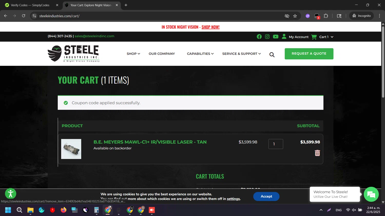 Steele Industries coupon code screenshot showing code SAVINGS24 applied at Steele Industries checkout page. Uploaded by SimplyCodes community member QueTeImporta on Jun 22, 2025