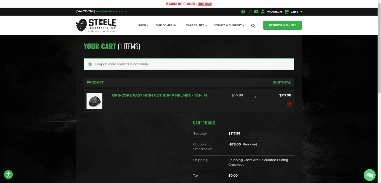 Steele Industries coupon code screenshot showing code SMALLMELON applied at Steele Industries checkout page. Uploaded by SimplyCodes community member ThriftyPhoenix5129 on Jun 1, 2025