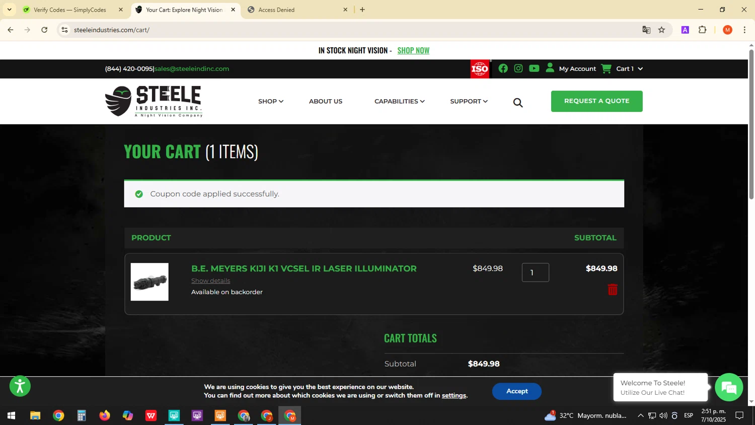 Steele Industries coupon code screenshot showing code REDWHITEIR applied at Steele Industries checkout page. Uploaded by SimplyCodes community member ExtraordinaryDefender1444 on Oct 7, 2025