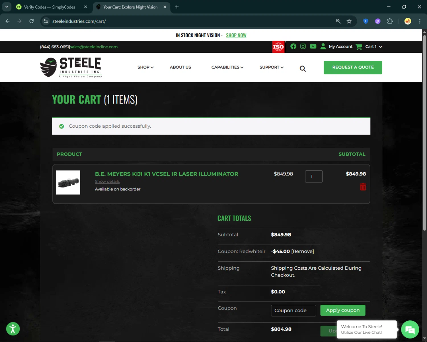 Steele Industries coupon code screenshot showing code REDWHITEIR applied at Steele Industries checkout page. Uploaded by SimplyCodes community member SmartFinder4193 on Nov 5, 2025