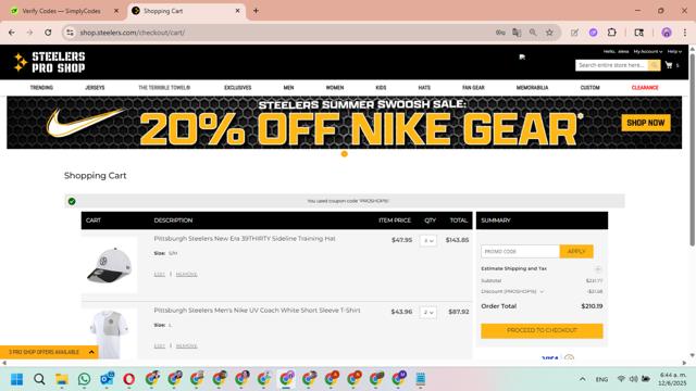Steelers Pro Shop checkout page showing Steelers Pro Shop promo code box | Screenshot taken by SimplyCodes community member on Jun 12, 2025