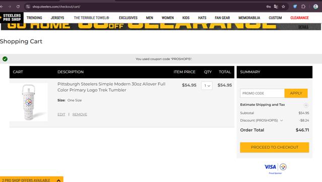Steelers Pro Shop checkout page showing Steelers Pro Shop promo code box | Screenshot taken by SimplyCodes community member on Jun 6, 2025