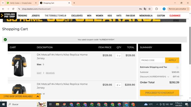 Steelers Pro Shop checkout page showing Steelers Pro Shop promo code box | Screenshot taken by SimplyCodes community member on Jun 6, 2025