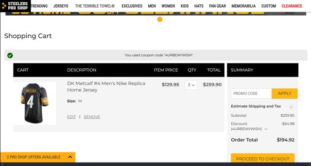 Steelers Pro Shop checkout page showing Steelers Pro Shop promo code box | Screenshot taken by SimplyCodes community member on Jun 6, 2025