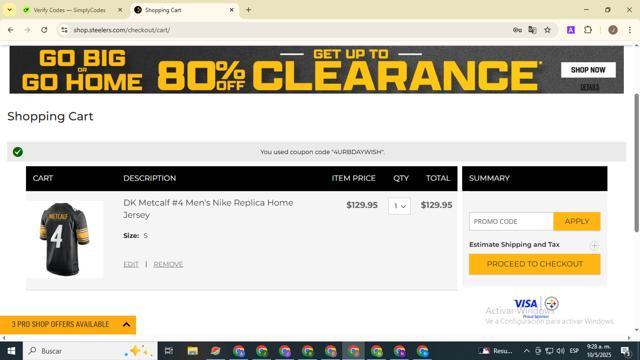 Steelers Pro Shop checkout page showing Steelers Pro Shop promo code box | Screenshot taken by SimplyCodes community member on May 10, 2025