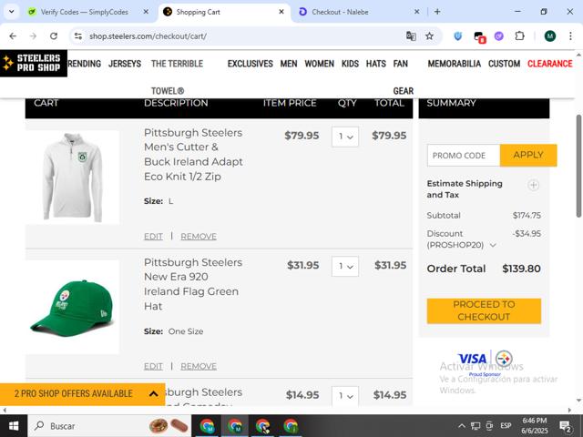 Steelers Pro Shop checkout page showing Steelers Pro Shop promo code box | Screenshot taken by SimplyCodes community member on Jun 6, 2025