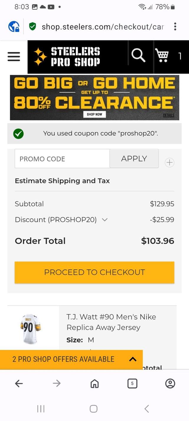 Steelers Pro Shop checkout page showing Steelers Pro Shop promo code box | Screenshot taken by SimplyCodes community member on Jun 6, 2025