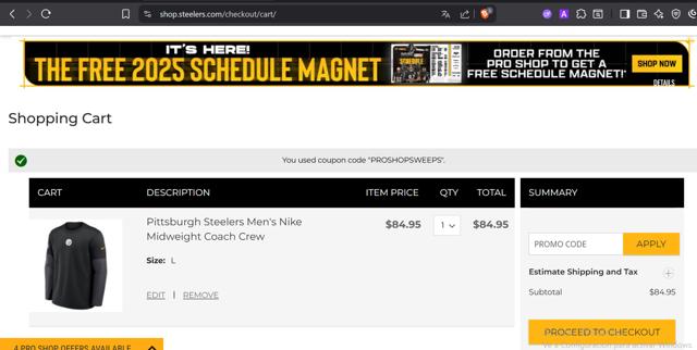 Steelers Pro Shop checkout page showing Steelers Pro Shop promo code box | Screenshot taken by SimplyCodes community member on Aug 20, 2025