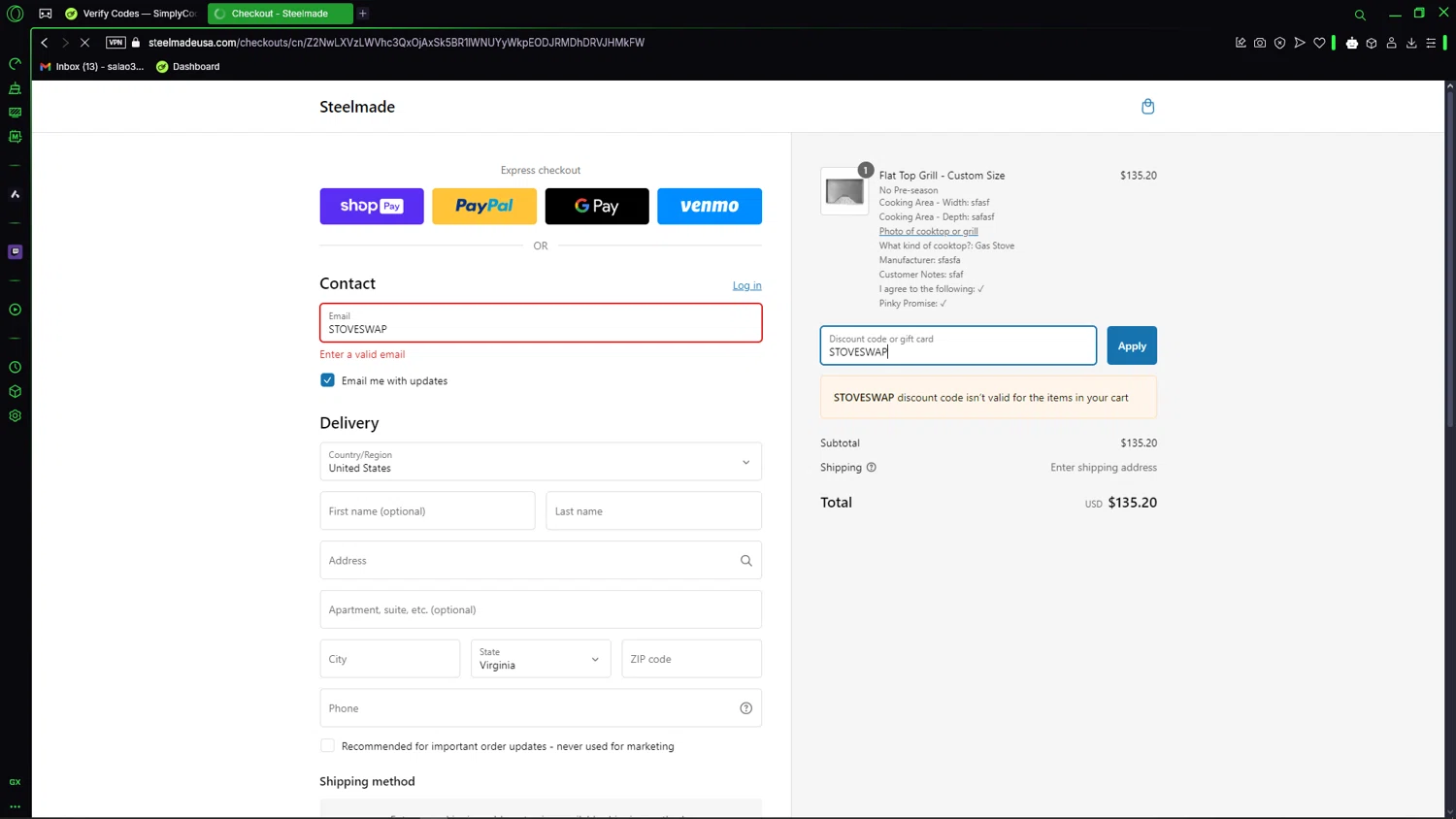 Steelmade discount code screenshot showing code STOVESWAP applied at Steelmade checkout page. Uploaded by SimplyCodes community member LegendaryCaptain2435 on Mar 2, 2025