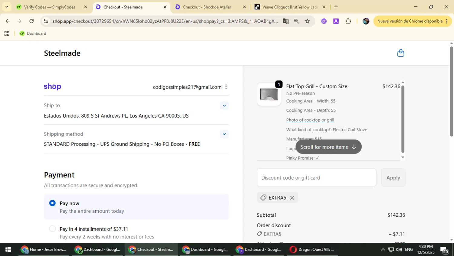 Steelmade discount code screenshot showing code EXTRA5 applied at Steelmade checkout page. Uploaded by SimplyCodes community member Typhlosion on Dec 5, 2025