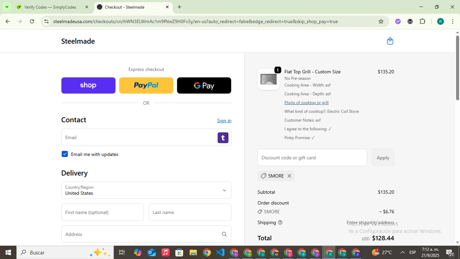 Steelmade discount code screenshot showing code 5MORE applied at Steelmade checkout page. Uploaded by SimplyCodes community member SavingsLegend387 on Sep 21, 2025