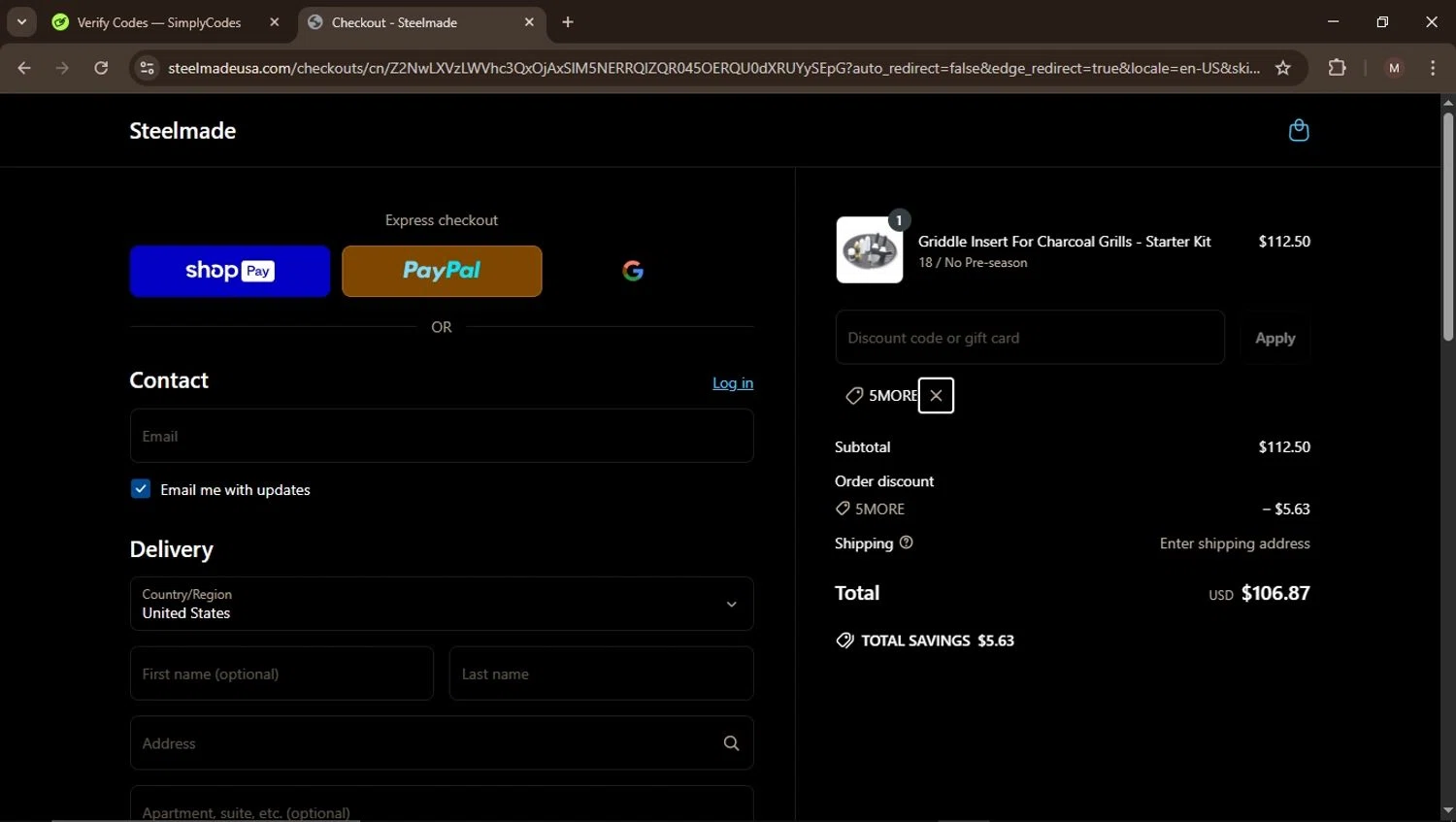 Steelmade discount code screenshot showing code 5MORE applied at Steelmade checkout page. Uploaded by SimplyCodes community member MightyGuardian6645 on Apr 20, 2025