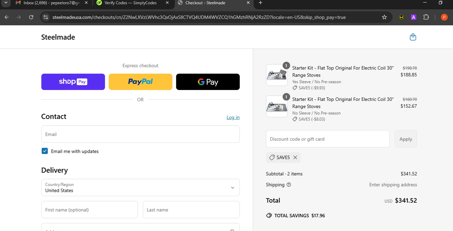 Steelmade discount code screenshot showing code SAVE5 applied at Steelmade checkout page. Uploaded by SimplyCodes community member Eminem on Jun 22, 2025