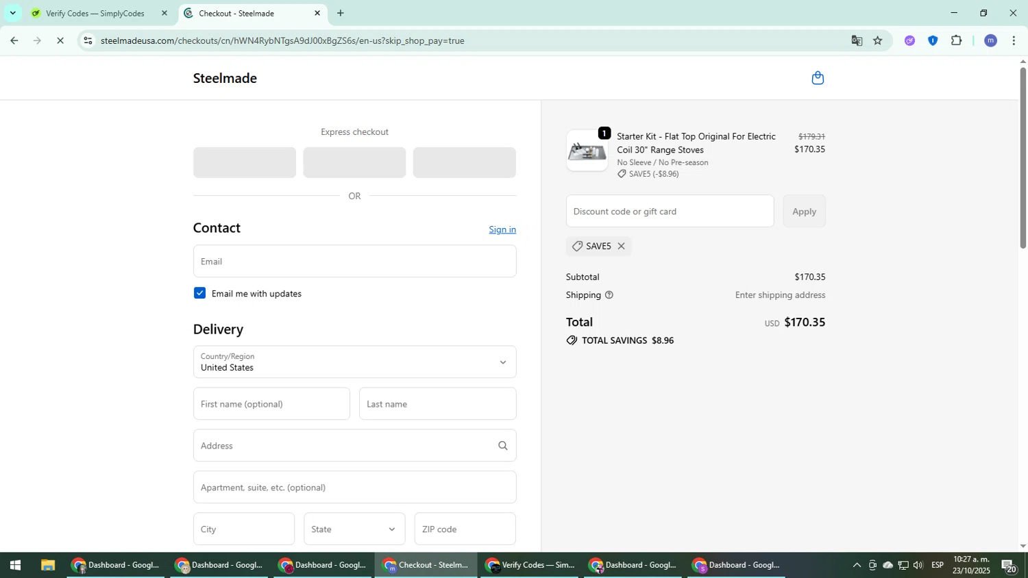 Steelmade discount code screenshot showing code SAVE5 applied at Steelmade checkout page. Uploaded by SimplyCodes community member QuestDefender2661 on Oct 23, 2025