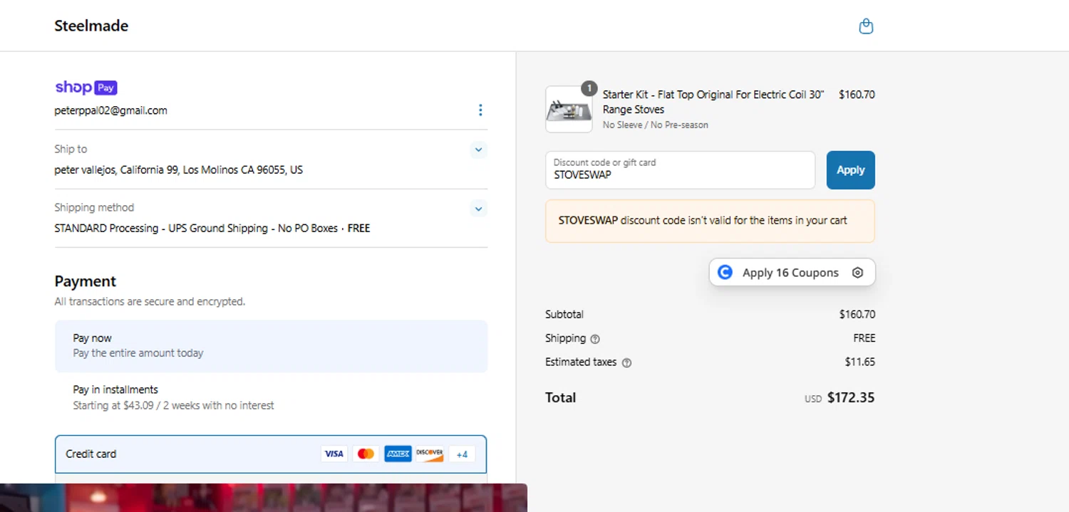 Steelmade discount code screenshot showing code STOVESWAP applied at Steelmade checkout page. Uploaded by SimplyCodes community member ricardoramirez1 on Jun 13, 2025
