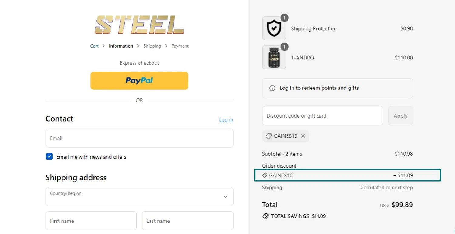 Steel Supplements discount code screenshot showing code GAINES10 applied at Steel Supplements checkout page. Uploaded by SimplyCodes community member alexanderjose on Aug 26, 2025