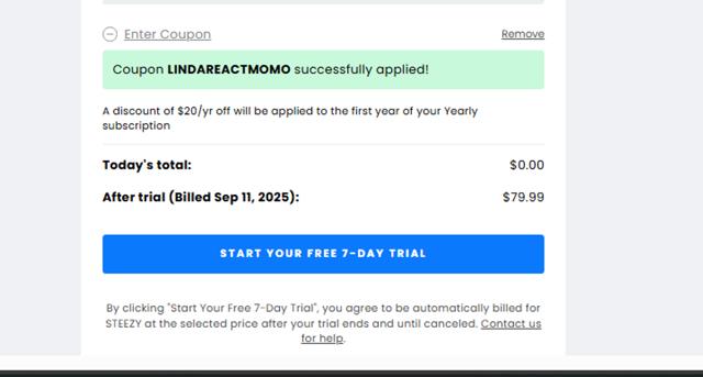 Steezy Studio checkout page showing Steezy Studio coupon code box | Screenshot taken by SimplyCodes community member on Sep 4, 2025