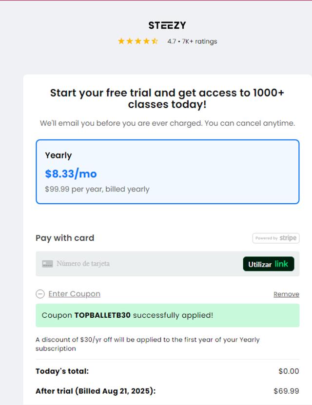 Steezy Studio checkout page showing Steezy Studio coupon code box | Screenshot taken by SimplyCodes community member on Aug 14, 2025