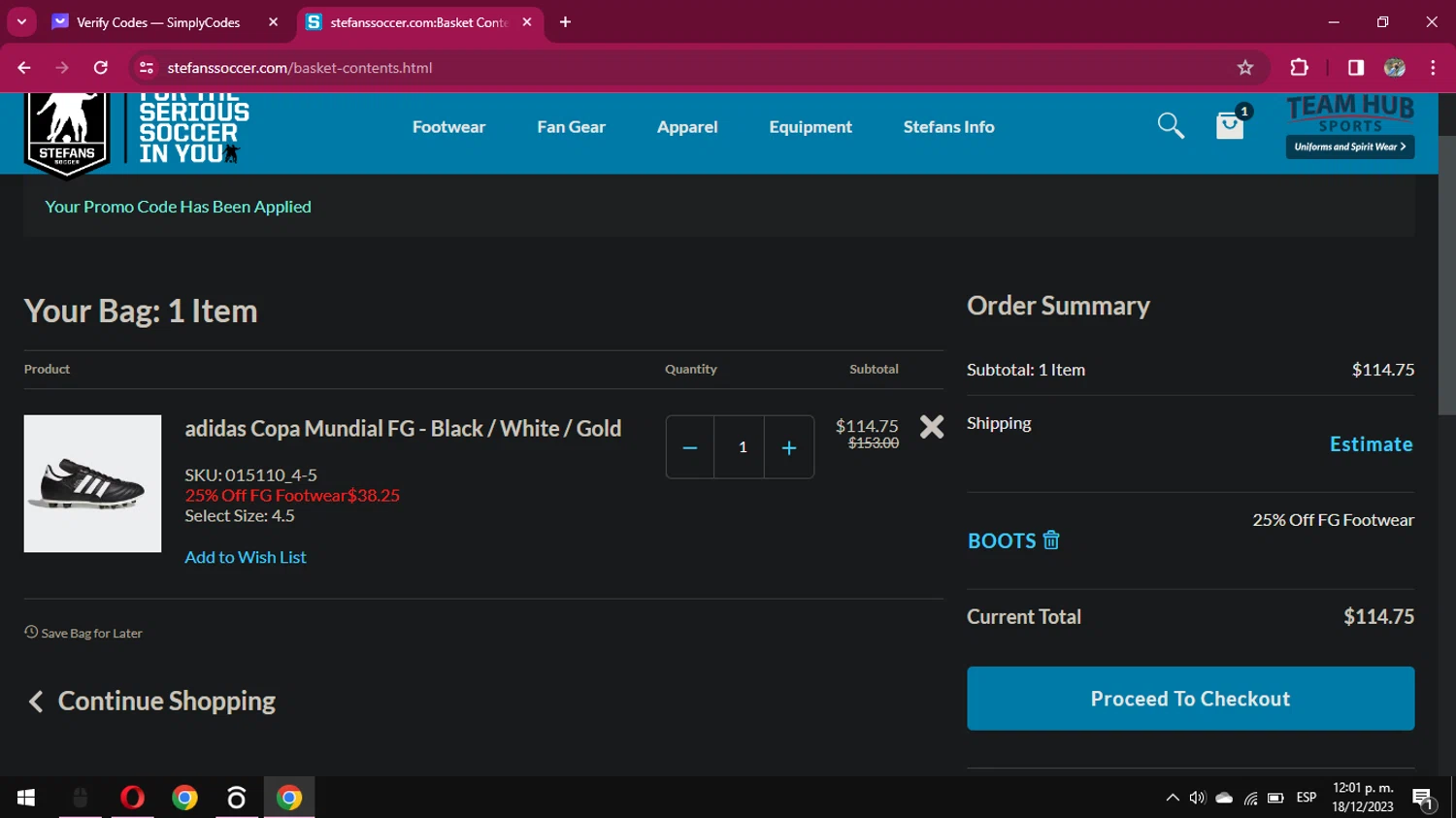Stefans Soccer checkout page showing Stefans Soccer promo code box | Screenshot taken by SimplyCodes community member on Dec 18, 2023