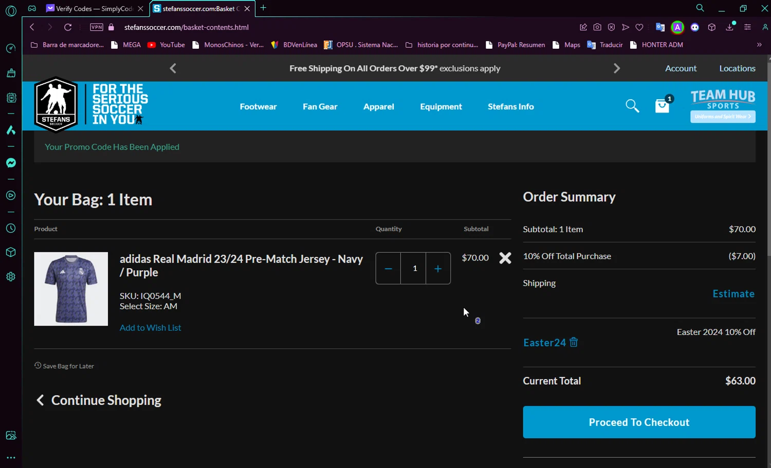 Stefans Soccer checkout page showing Stefans Soccer promo code box | Screenshot taken by SimplyCodes community member on Mar 31, 2024